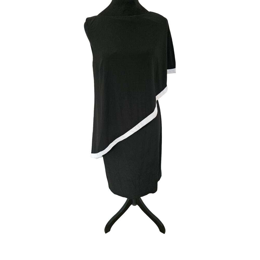 Lauren Ralph Lauren Black White Asymmetric Cape Overlay Sheath Dress Size 8